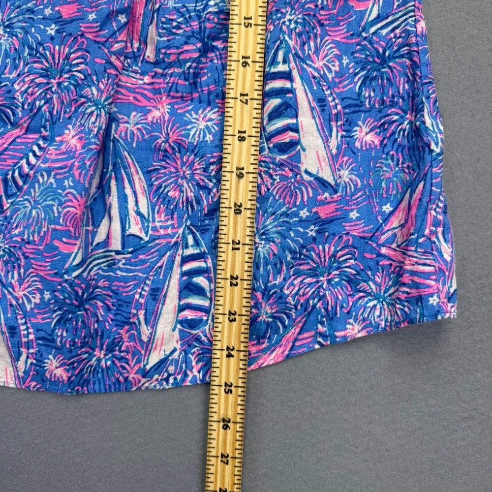 Lilly Pulitzer Yvette Linen Top 8 Blue Pink Sailboat‎ Puff Sleeve Smocked 013352
